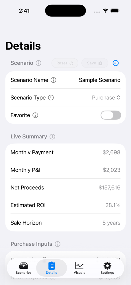 VisualMortgage saved scenarios screen on iPhone